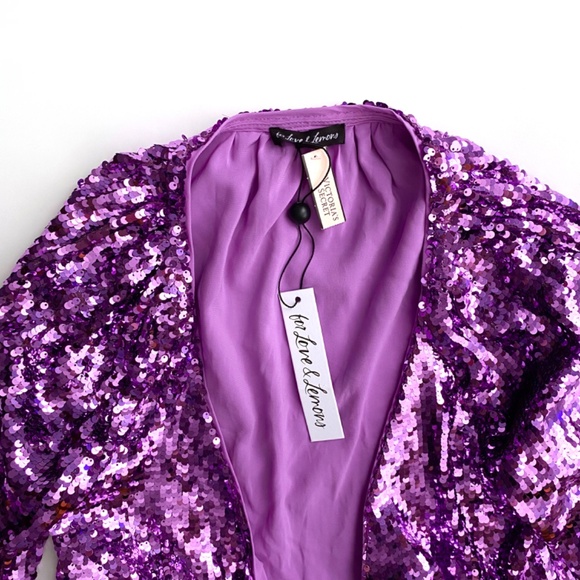 For Love & Lemons Nwt Purple Sequin Madeline Tie Front Long Sleeve Top Small S - Picture 3 of 4